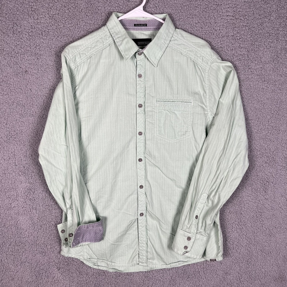 Buckle Black Mens Large Mint Green Long Sleeve Button Up Shirt‎ Flip Cuff Cotton